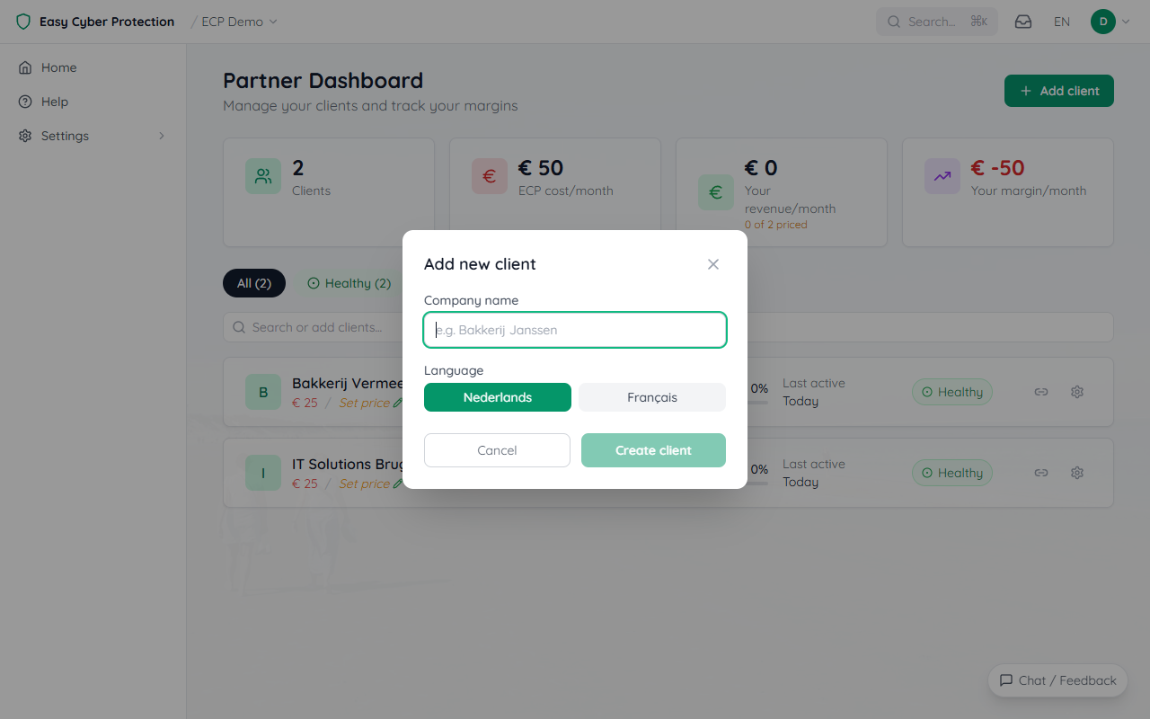 Add new client modal showing company name field, language selector (Nederlands / Français), Cancel and Create client buttons