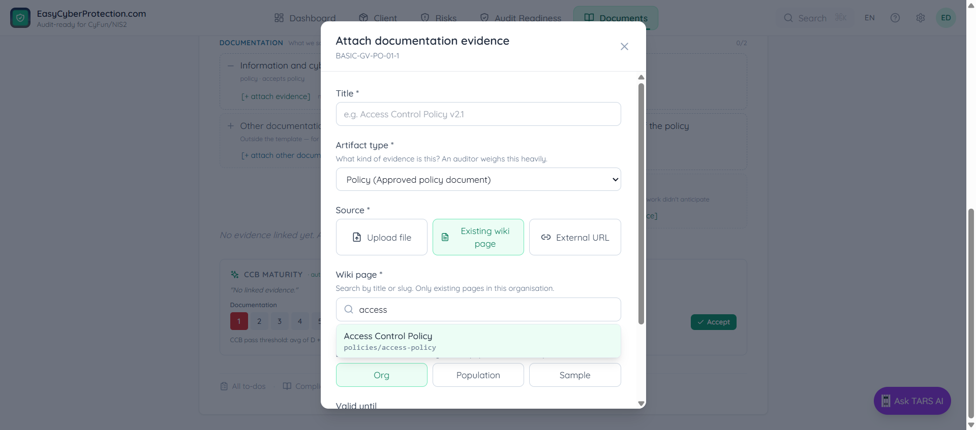 Wiki picker with the query access typed — the dropdown is filtered to a single match, Access Control Policy with slug policies/access-policy