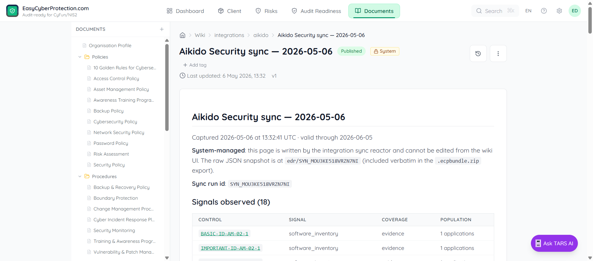 Aikido sync snapshot wiki page showing the Reference context section with Aikido NIS2 self-view table listing measure groups and complying/failing/disabled counts
