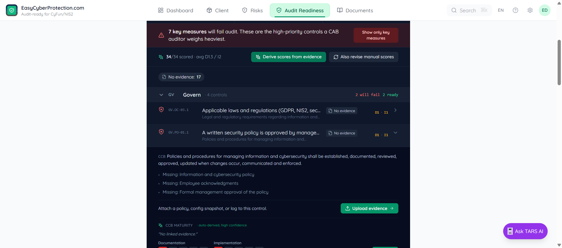 Expanded row for GV.PO-01.1 showing the CCB shall-statement about policies and procedures, three Missing bullets (information and cybersecurity policy, employee acknowledgments, formal management approval), an Upload evidence link, and the CCB MATURITY panel with Documentation and Implementation 1–5 score buttons plus Accept and Scoring guide links