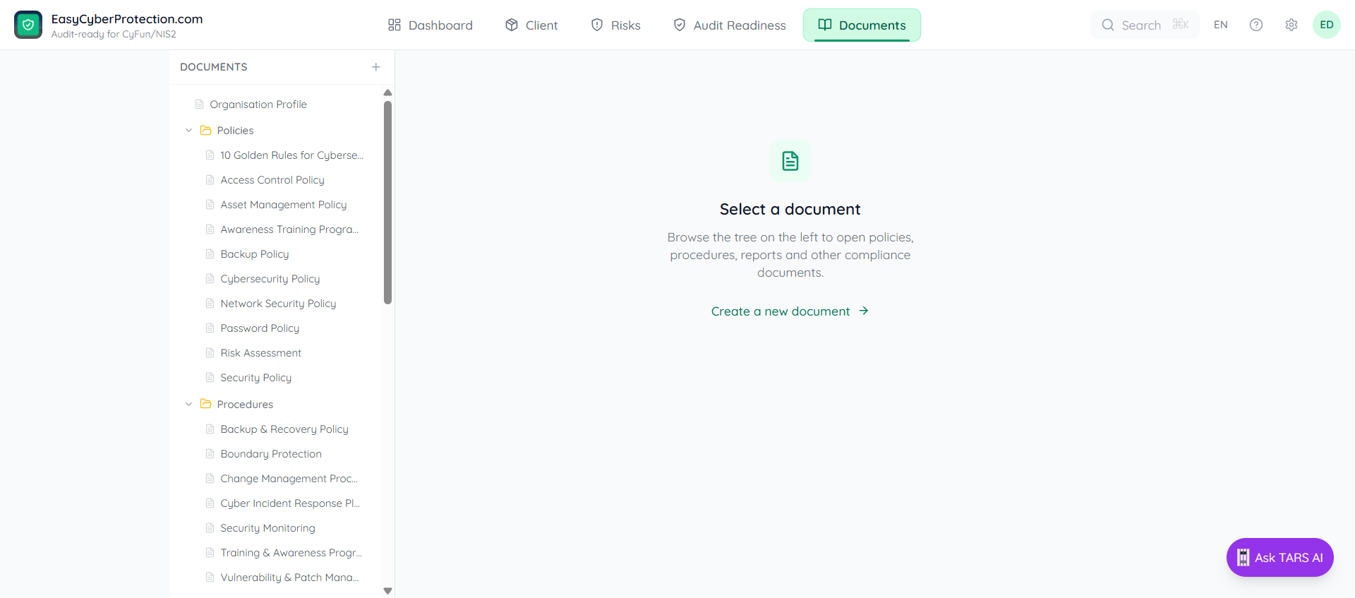 Documents tab with sidebar tree showing DOCUMENTS label, New document button, Organisation Profile row, then collapsible folders Policies, Procedures, Registers, Reports, Intake and Assessments, Plans, Assessments, Getting Started, Governance, Integrations — each expanded showing their pages