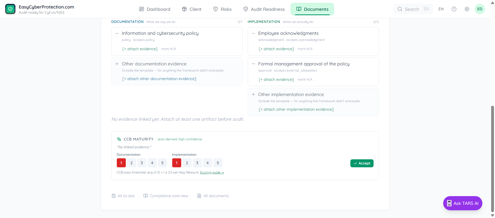 Control page for GV.PO-01.1 showing the Evidence heading with DOCUMENTATION column (What we say we do, 0/1) listing Information and cybersecurity policy with accepts policy and an attach evidence button, and IMPLEMENTATION column (What we actually do, 0/2) listing Employee acknowledgments and Formal management approval with their respective accept types, plus mark N/A buttons