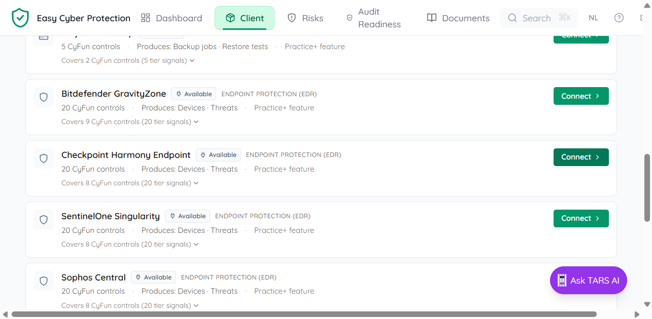Integration marketplace listing NinjaOne Backup alongside Bitdefender, Checkpoint, and SentinelOne, each with a Connect button