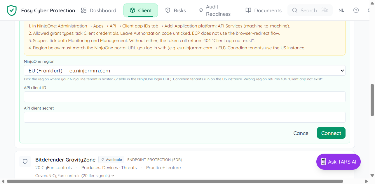 Connect NinjaOne Backup form with the in-app checklist visible above the region selector, API client ID, and API client secret fields