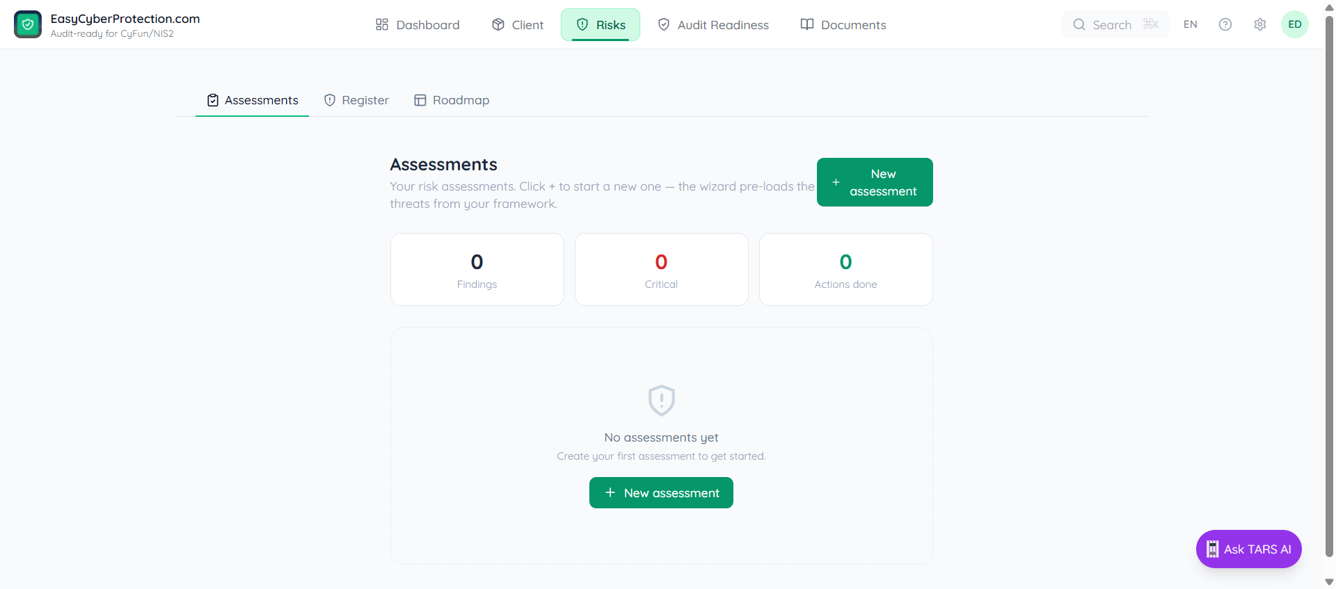 Risks tab Assessments sub-tab showing three sub-tab buttons (Assessments selected, Register, Roadmap), the New assessment button top-right, three stat cards (53 Findings, 3 Critical, 0 Actions done), and an Active section with one assessment card 'Assessment 2026/04/24 Modified 24 Apr 2026' offering Hub and Wiki actions