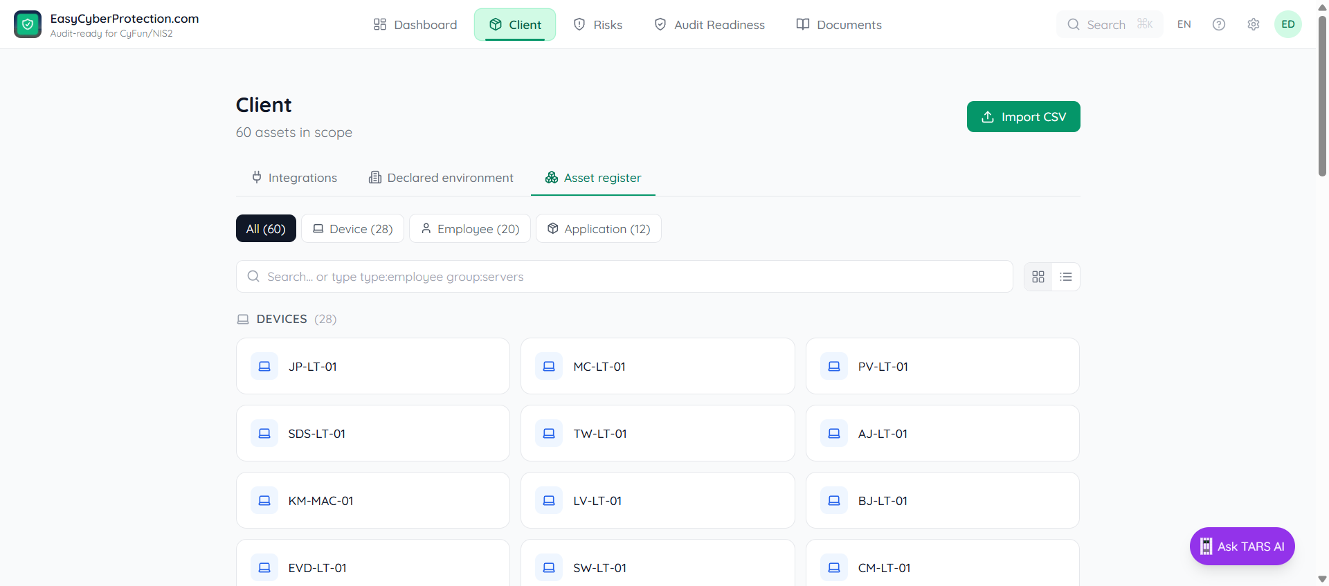 Asset register sub-tab with Import CSV button top-right, chip filters All (57) Device (27) Employee (20) Application (10), search box, grid/list toggle, and asset sections below