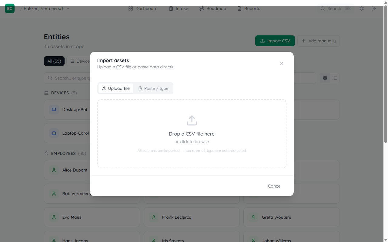 CSV import modal showing dashed drop zone with upload icon, and two tabs: Upload file and Paste
