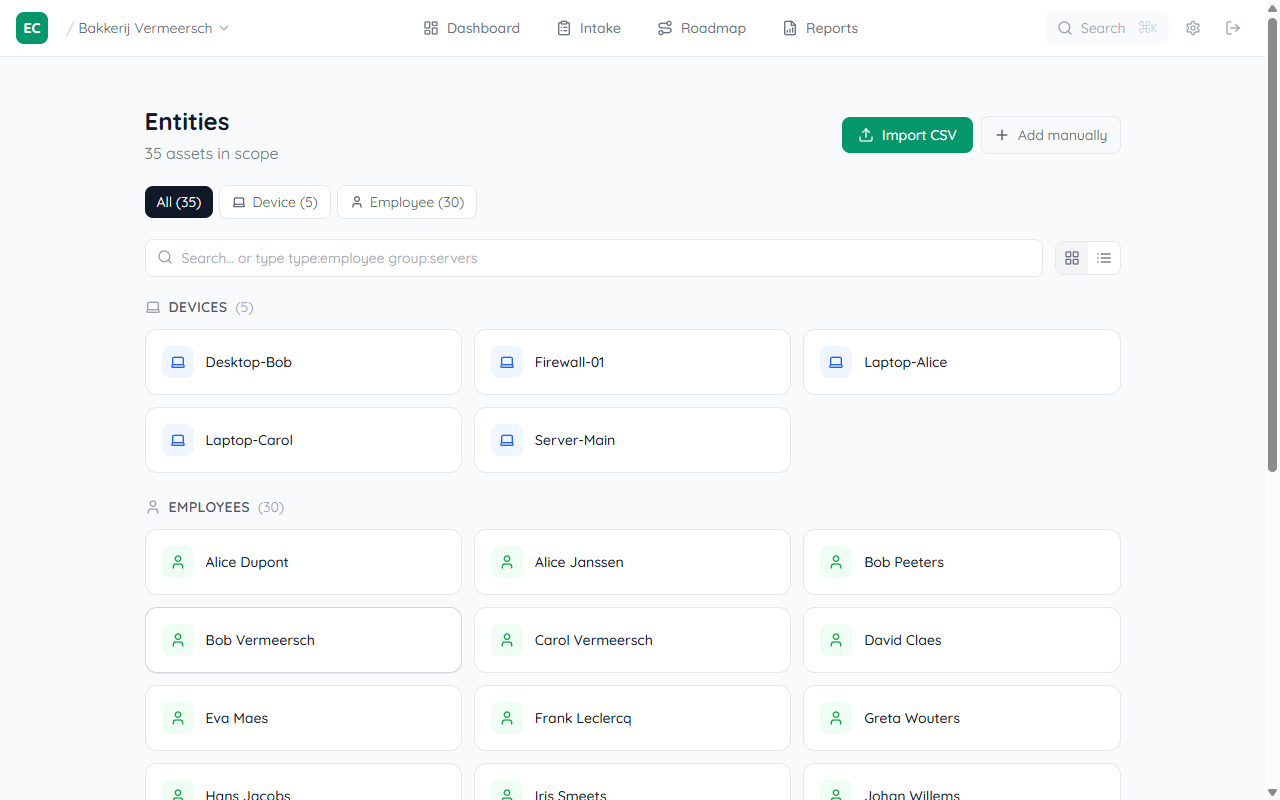 Entity Register page with Import CSV button visible in the top-right corner and entity list below