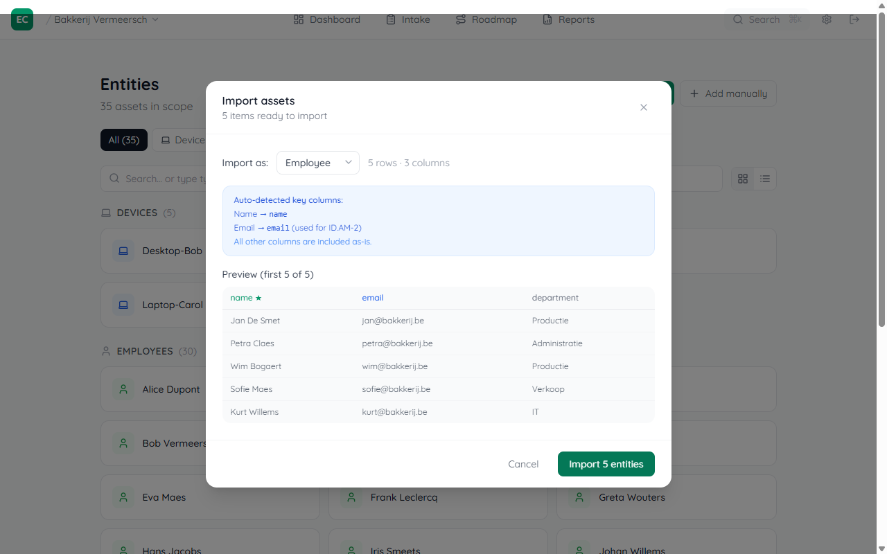 Column mapping preview showing the first 5 rows with green star on the name column and blue highlight on email column