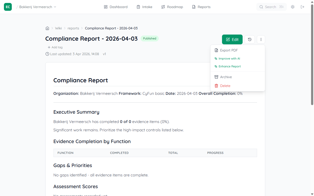 More options dropdown open on the report page showing Export PDF at the top, followed by Improve with AI, Enhance Report, Archive and Delete options
