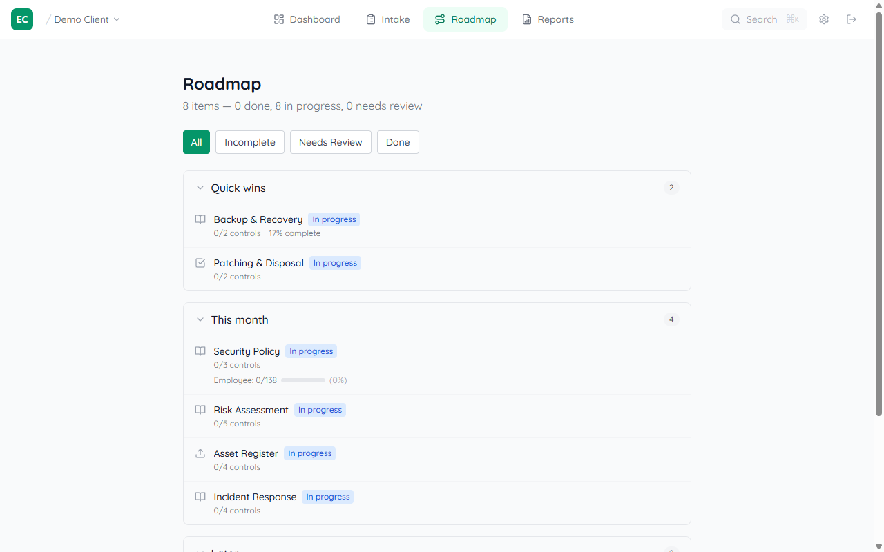 Roadmap tab showing Quick wins, This month, and Later groups. Backup and Recovery shows 17% complete.