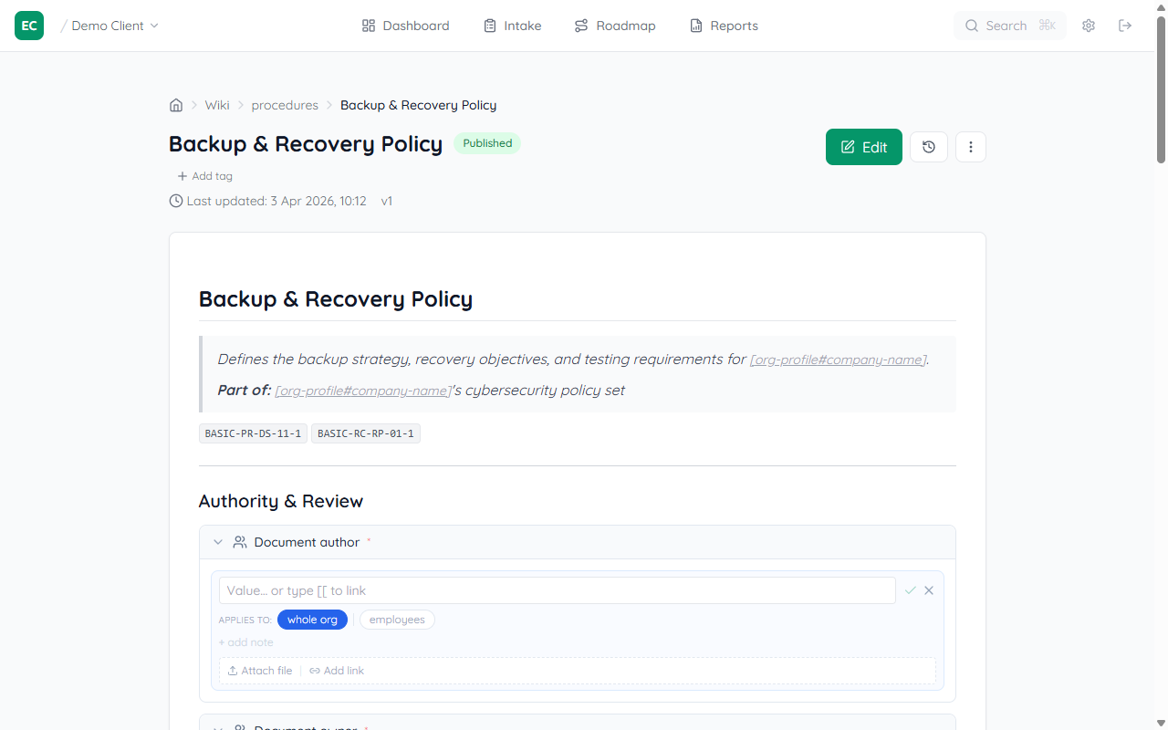 Backup and Recovery Policy document in view mode showing section headings, dropdown fields for Backup solution and Backup frequency, and scope buttons labelled whole org and employees