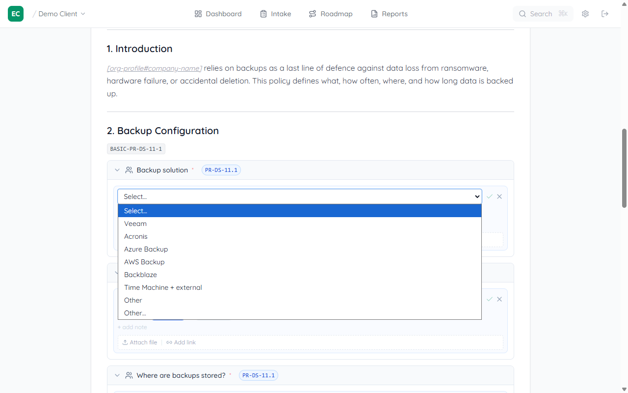 Backup solution dropdown open showing options: Select, Veeam, Acronis, Azure Backup, AWS Backup, Backblaze, Time Machine plus external, Other