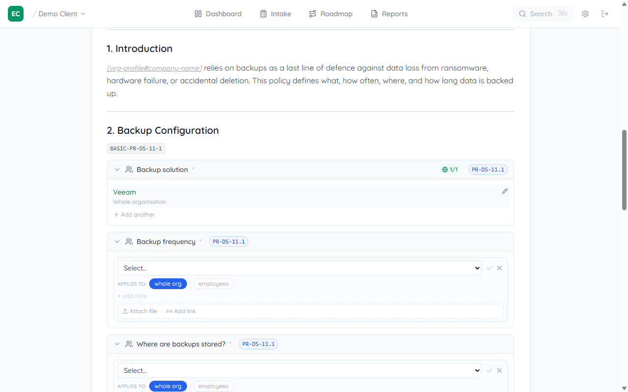 Backup solution field saved showing Veeam with Whole organisation scope label and Add another button