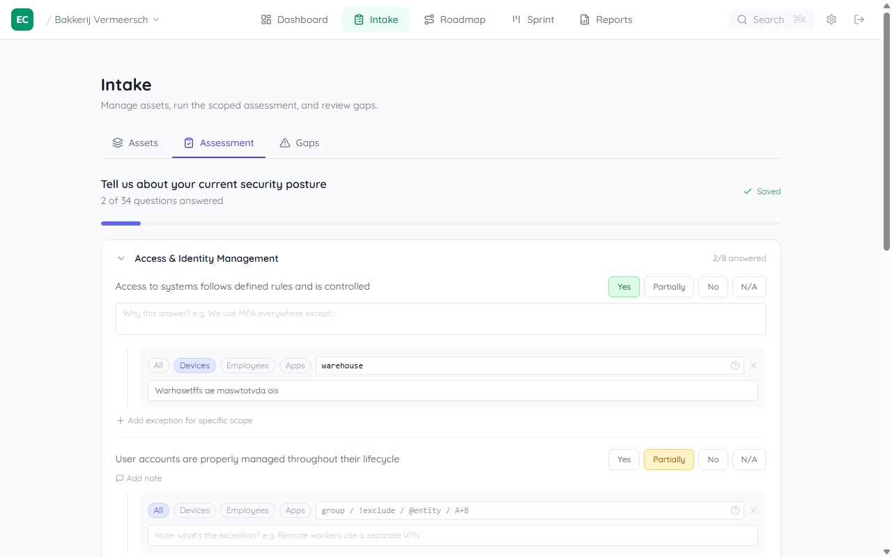 Assessment question with a note textarea expanded, showing a written rationale for the answer with a Save note button