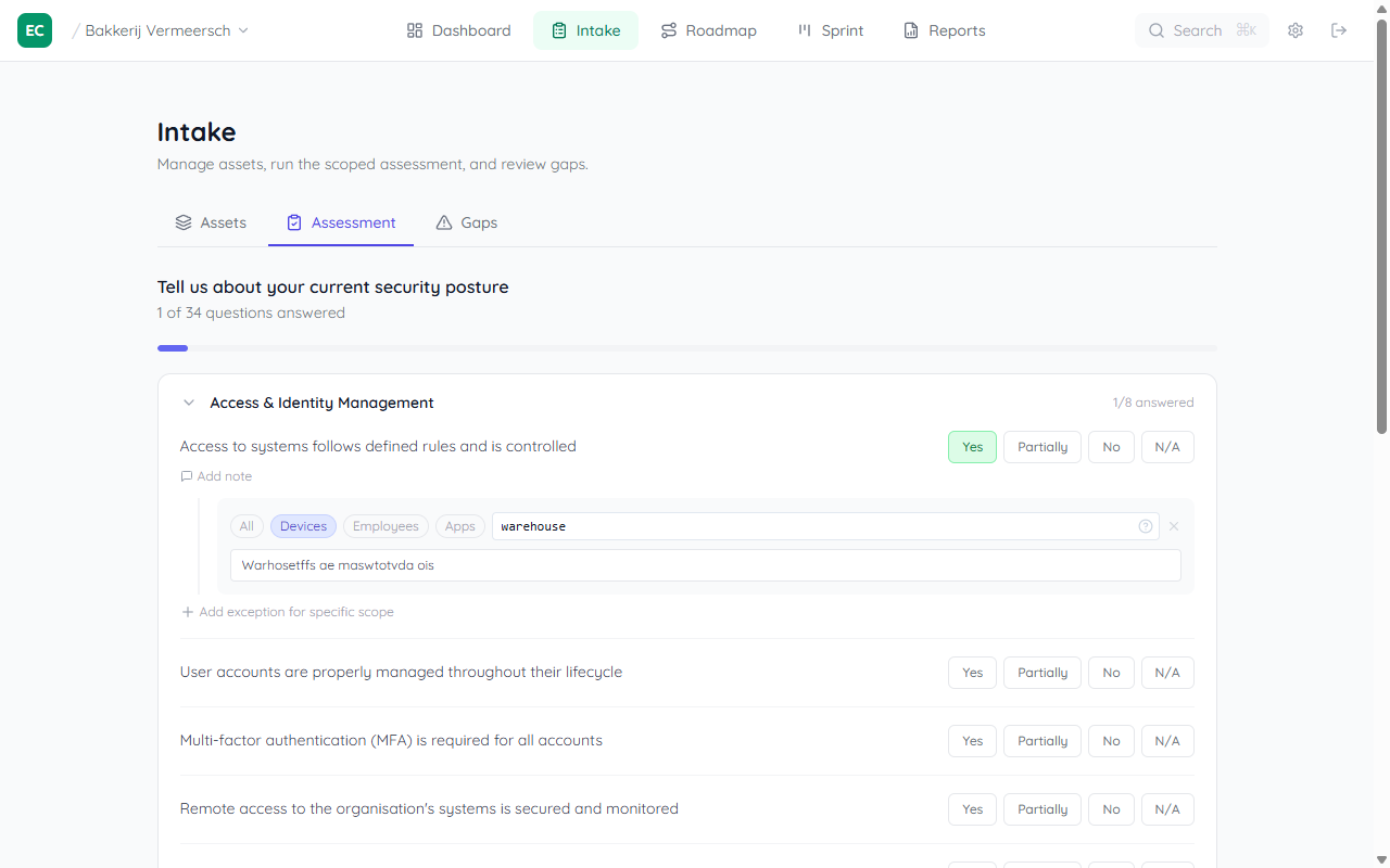 Assessment tab showing control questions with Yes, Partially, No, and N/A answer buttons, grouped under Access and Identity Management heading, with Add scope override buttons visible on unanswered questions