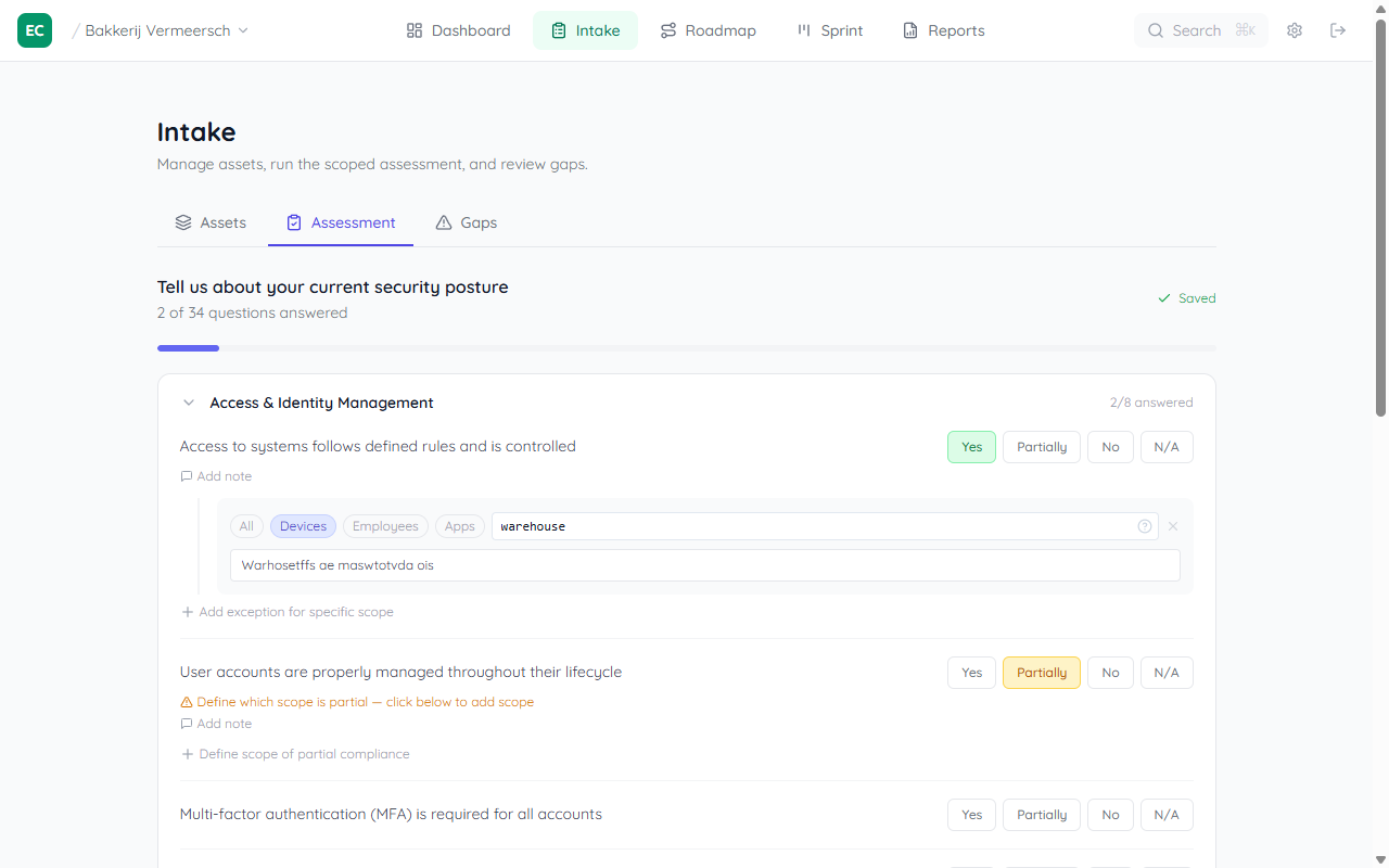 Assessment question answered Partially with an amber warning saying Define scope of partial compliance — no scope overrides defined yet