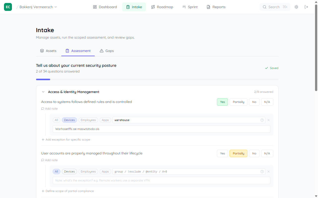 Assessment question showing a Productie scope override row with 1 employee coverage badge and a warning that 39 entities are not covered by any scope override