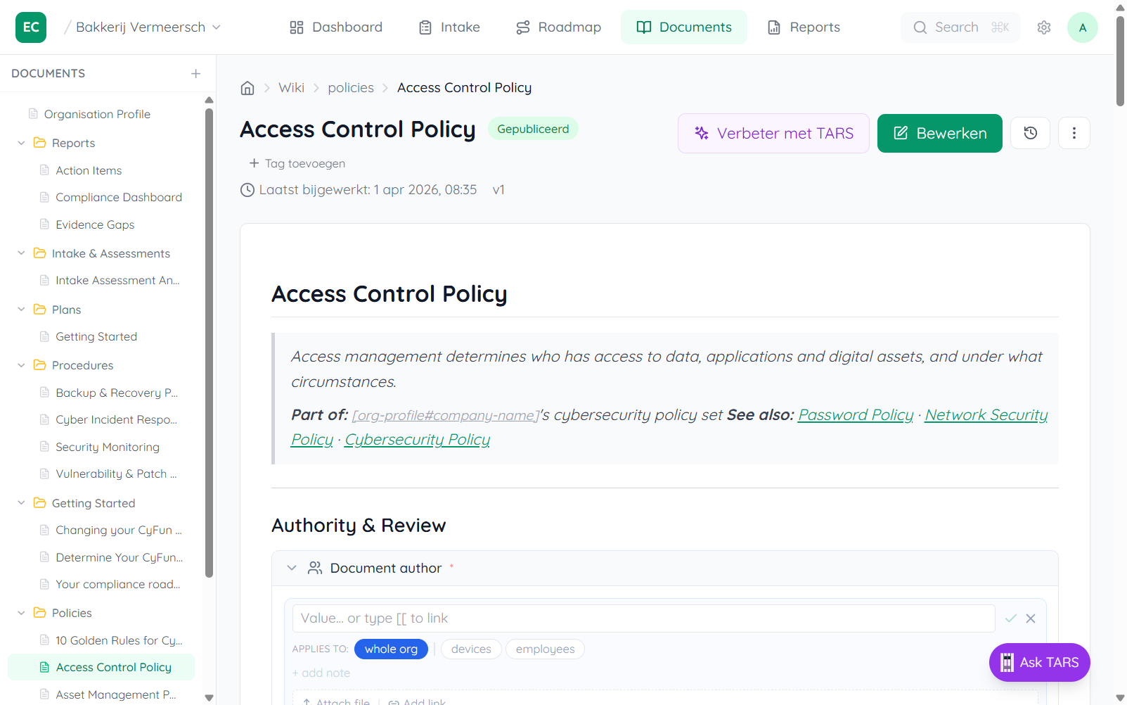 Documents tab with split-pane layout: left panel shows folder tree with Controls and Policies expanded and Security Policy highlighted, right pane shows the Security Policy document with editable sections