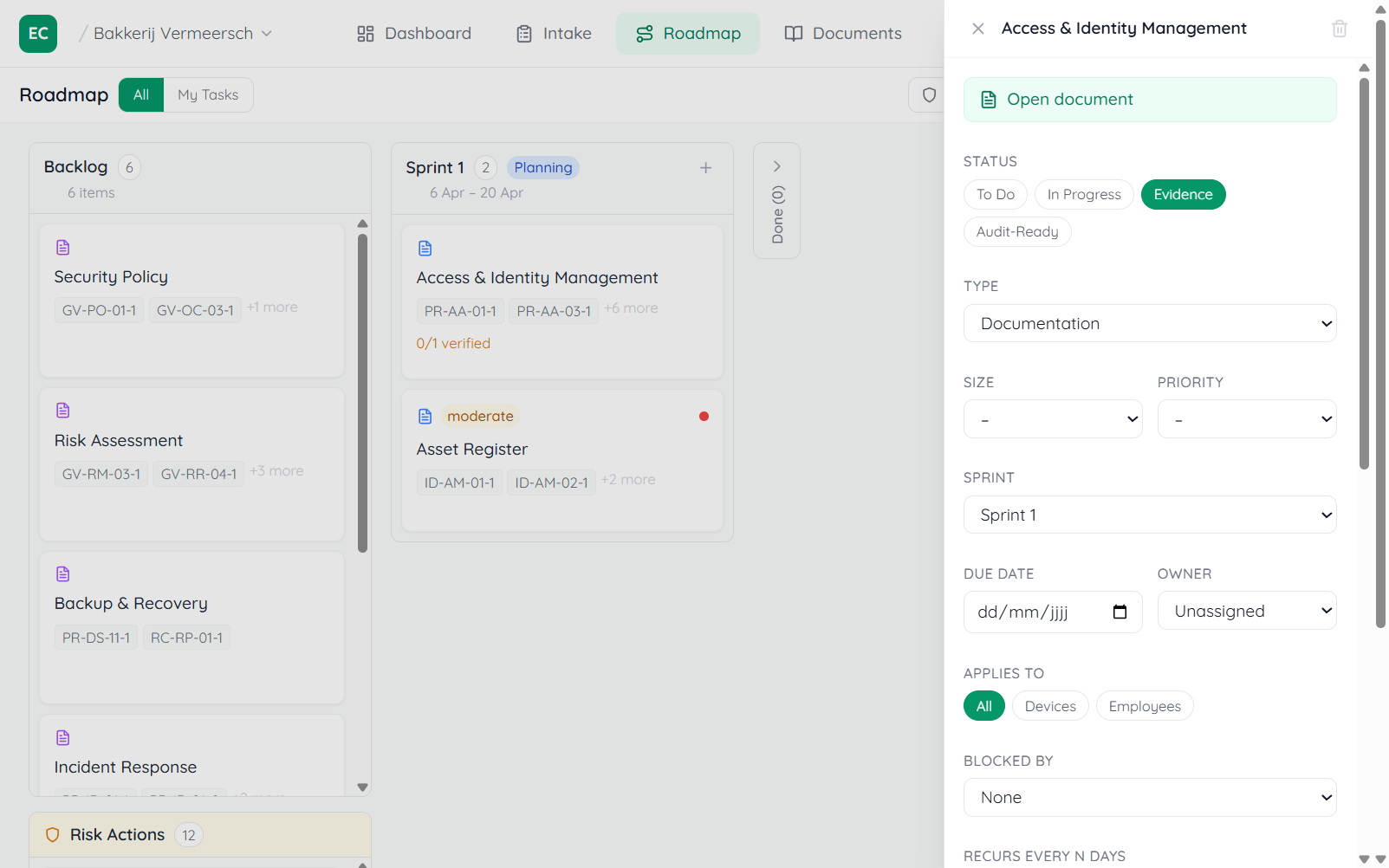 Item detail panel for Security Policy with a blue Open document button at the top, followed by status buttons and evidence items