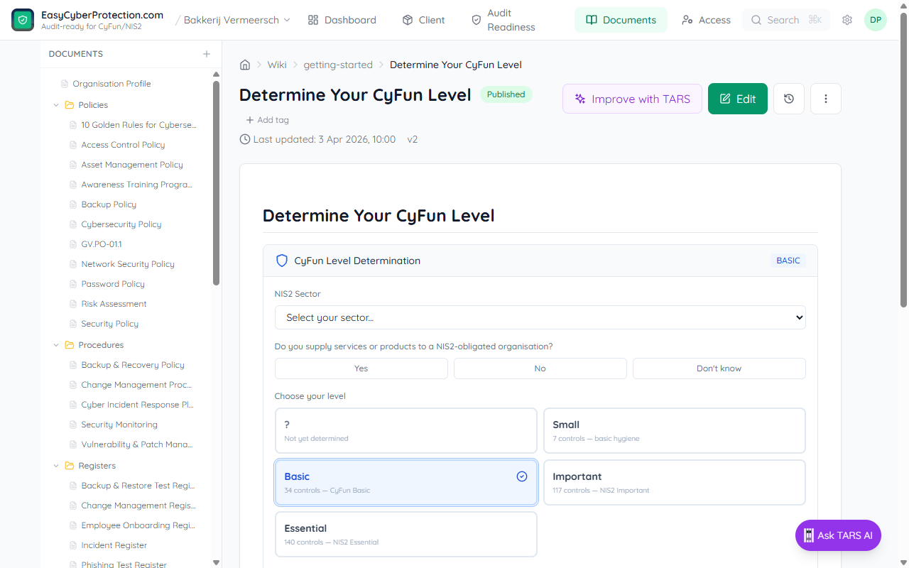 CyFun Level Assessment document showing sector dropdown, supply chain question, and tier selection buttons for Small, Basic, Important, Essential