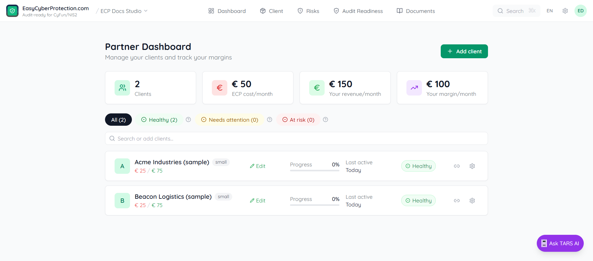 Partner dashboard showing the client portfolio list with an Add client button in the top-right
