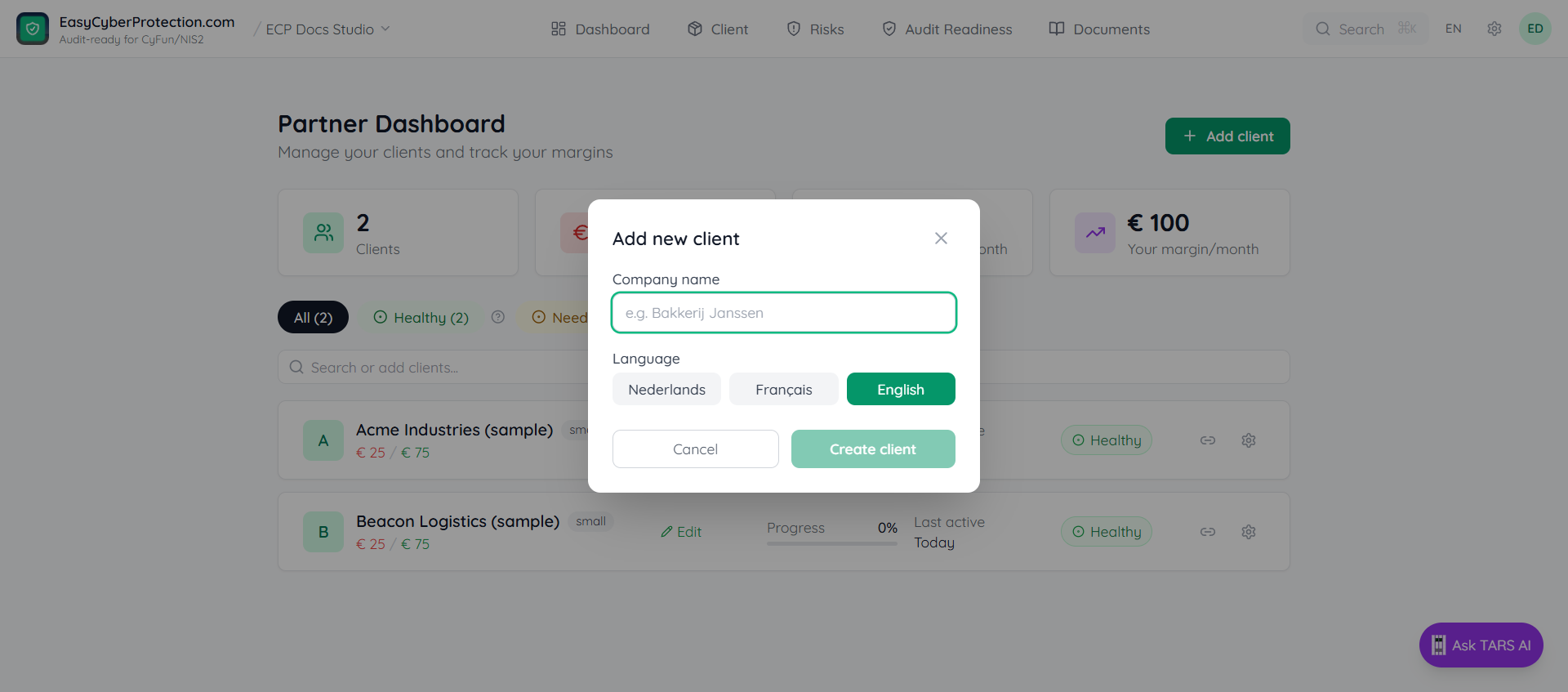 Add new client modal showing company name field, language selector (Nederlands / Français), Cancel and Create client buttons