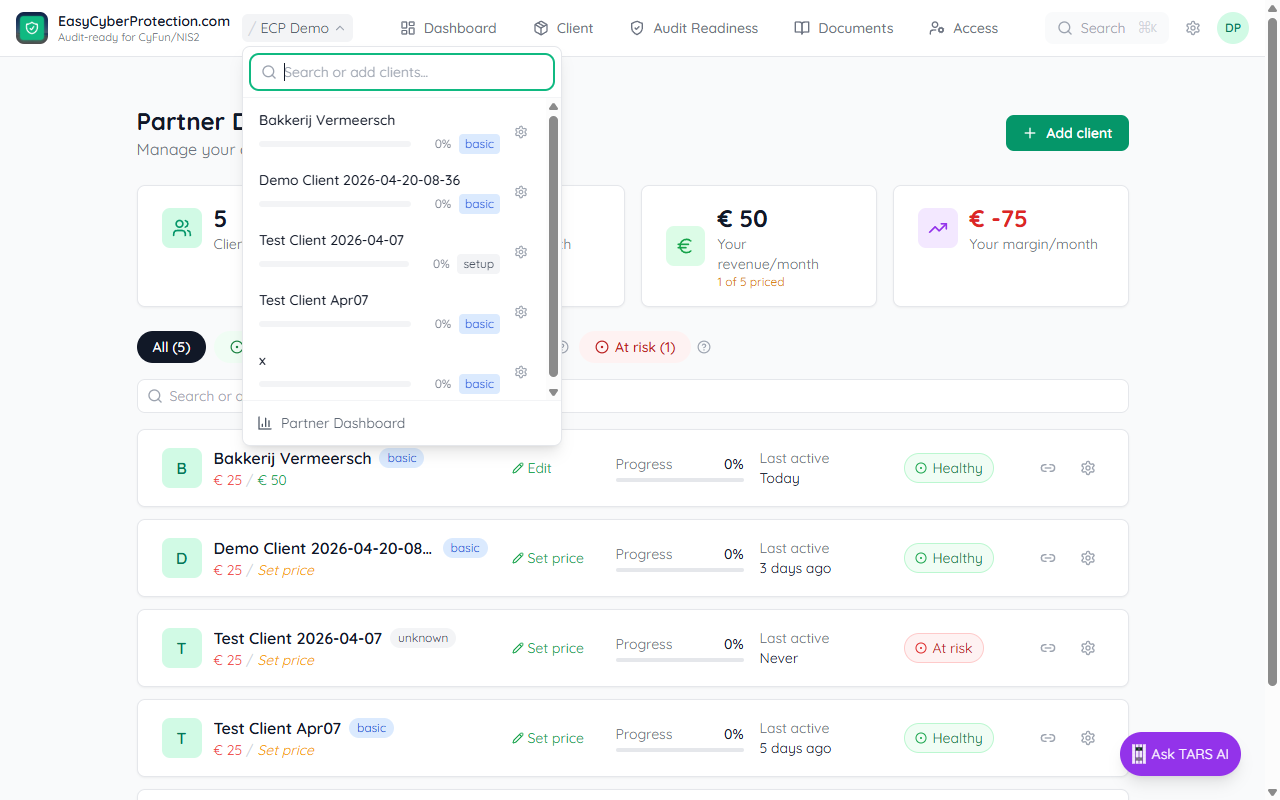 Client switcher popover showing search box, each client listed with progress percentage and tier badge, Manage users button per row, and a Partner Dashboard link at the bottom