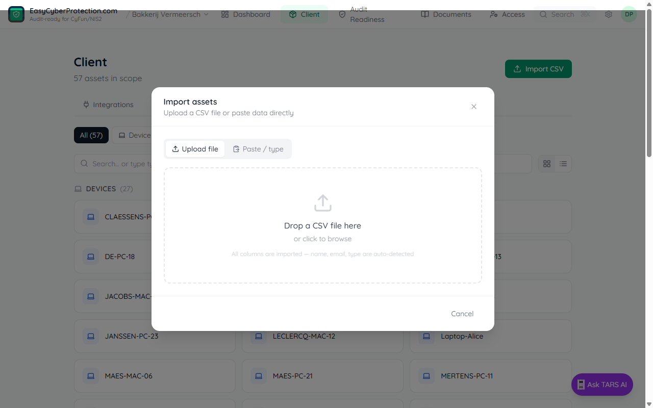 CSV import modal showing dashed drop zone with upload icon, and two tabs: Upload file and Paste