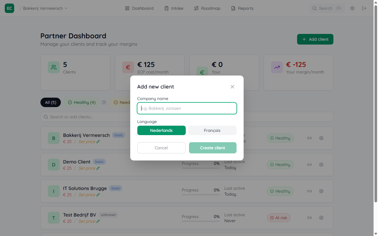 Add client modal with company name field and language selector showing NL, FR, EN options