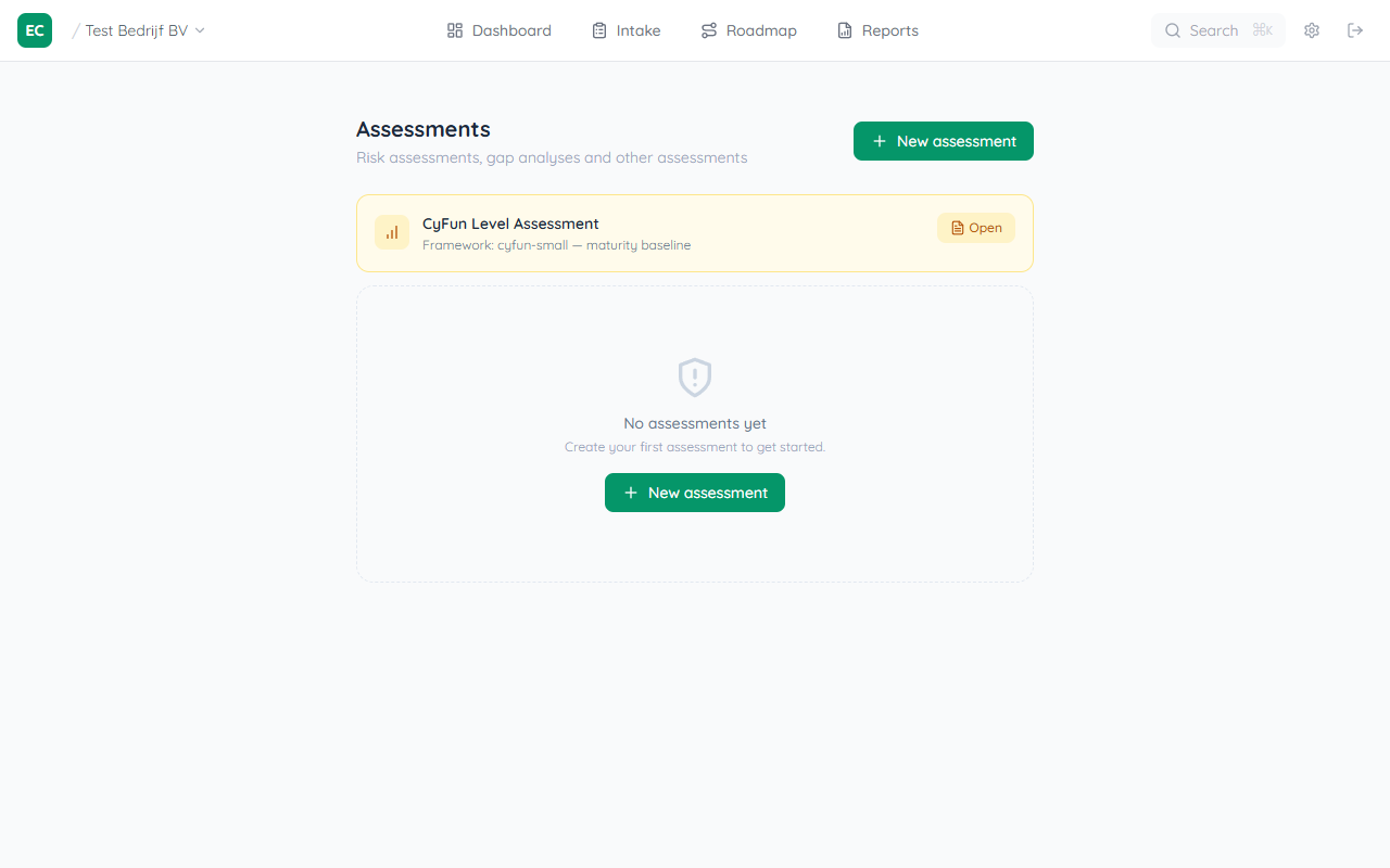 CyFun Level Assessment document showing sector dropdown, supply chain question, and tier selection buttons (Small, Basic, Important, Essential)
