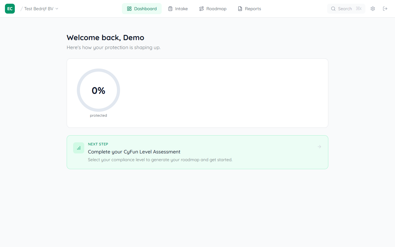 Client dashboard after provisioning showing 0% protected score ring, breakdown bars for Documents/Checklists/Entity coverage, and a blue Next step card prompting to import devices and employees