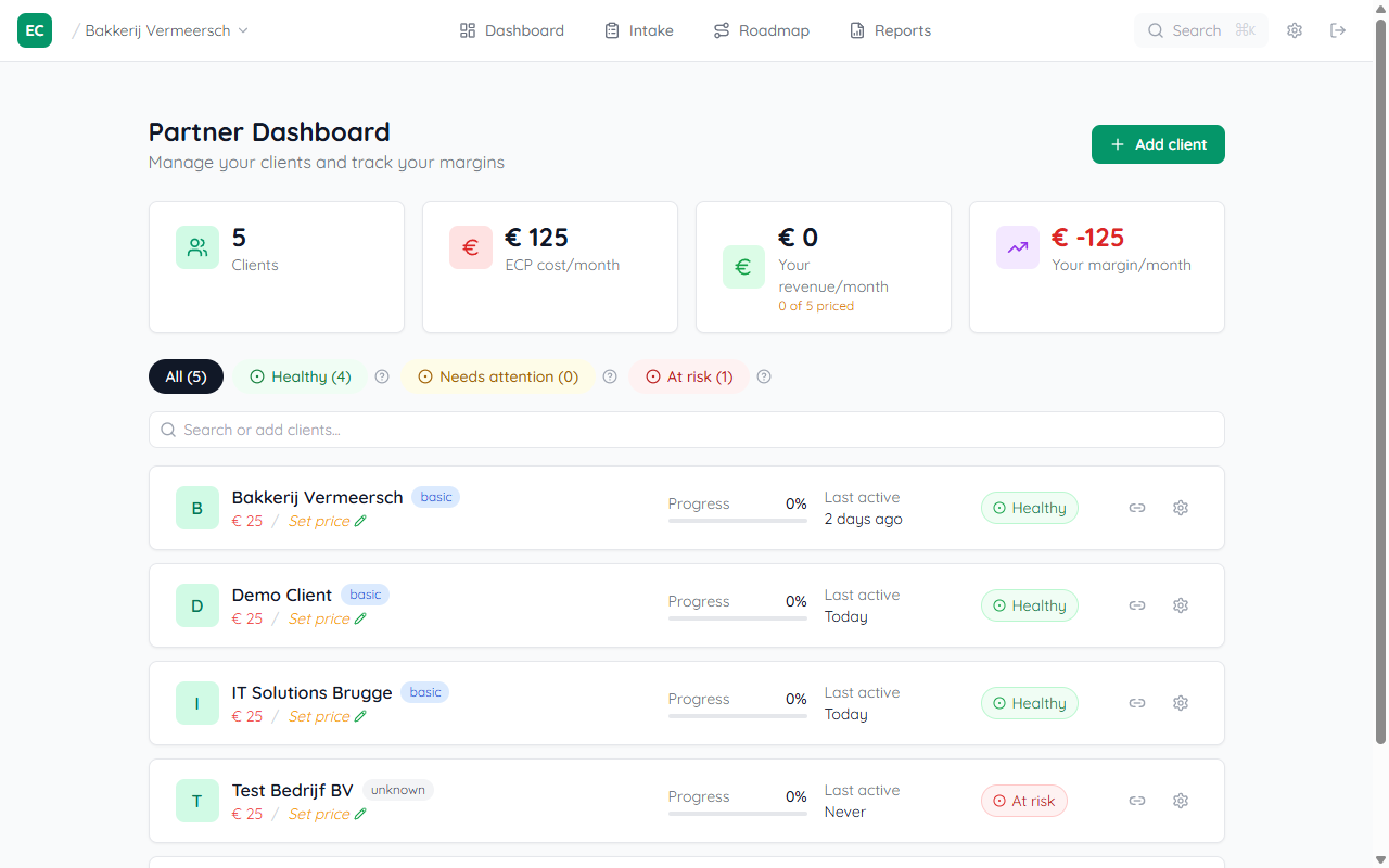 Partner dashboard showing the client portfolio list with an Add client button in the top-right