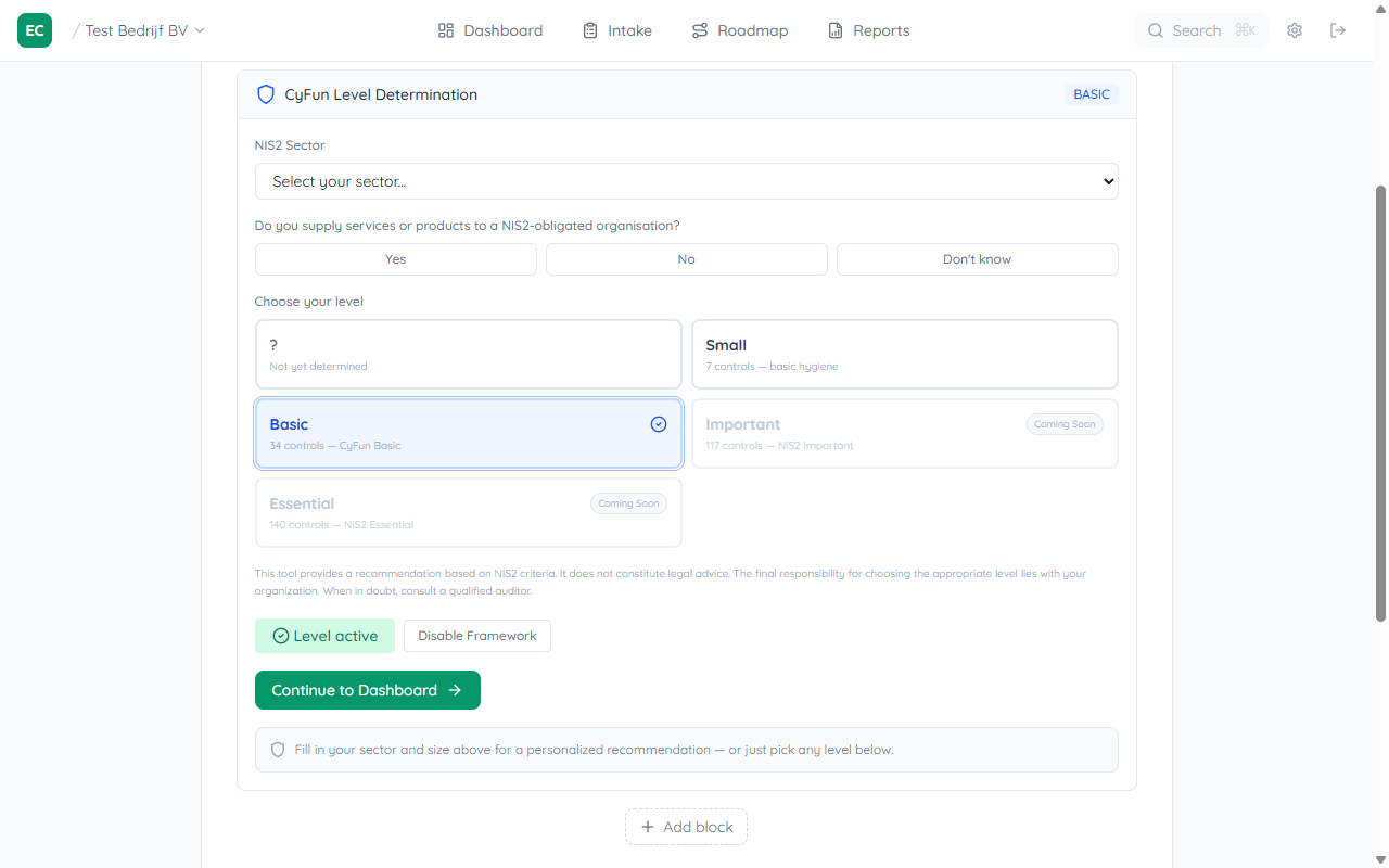 CyFun Level Assessment showing the Basic level selected with a green Niveau actief confirmation badge