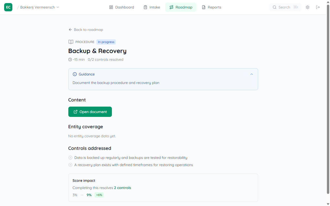 Roadmap item detail page for Backup and Recovery showing PROCEDURE label, In progress status, estimated 15 minutes effort, controls resolved count, guidance button, and score impact