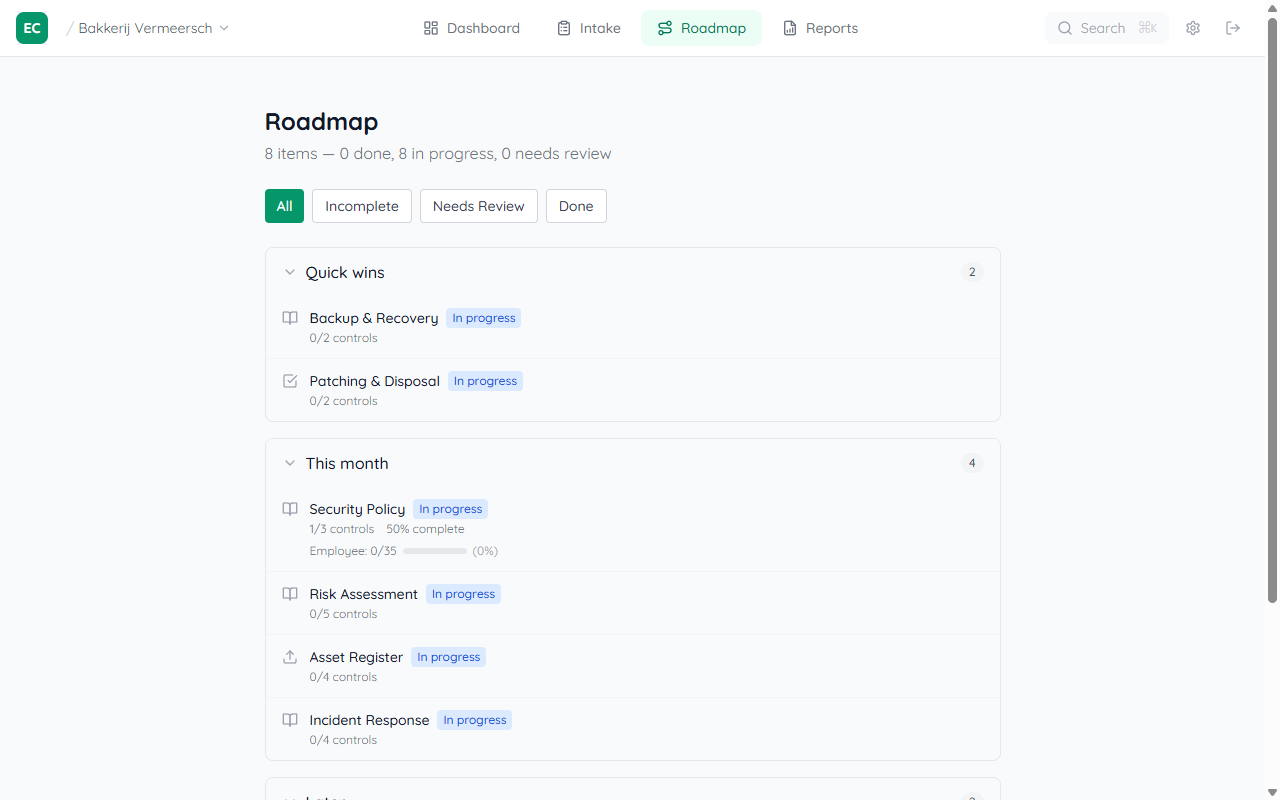 Roadmap tab showing items grouped under Quick wins, This month, and Later headings, each item listing its status and number of controls