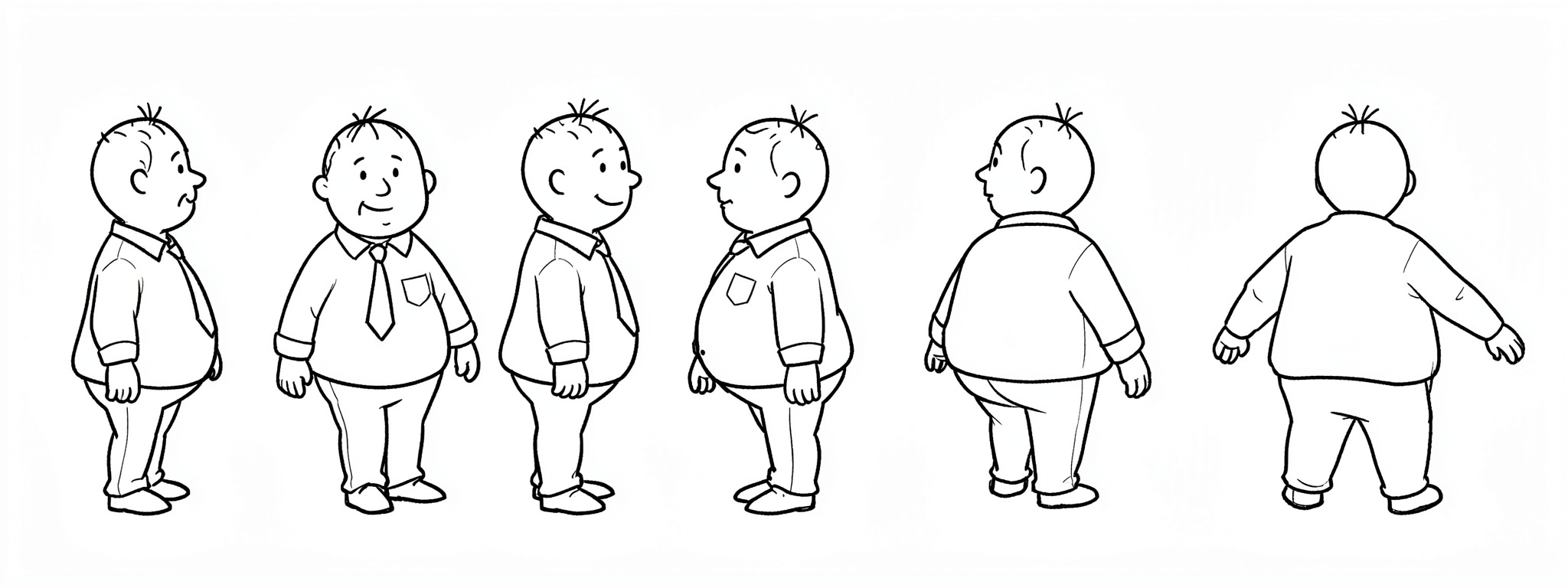 Fred character sheet v5 — six rotation views and a front-facing pose