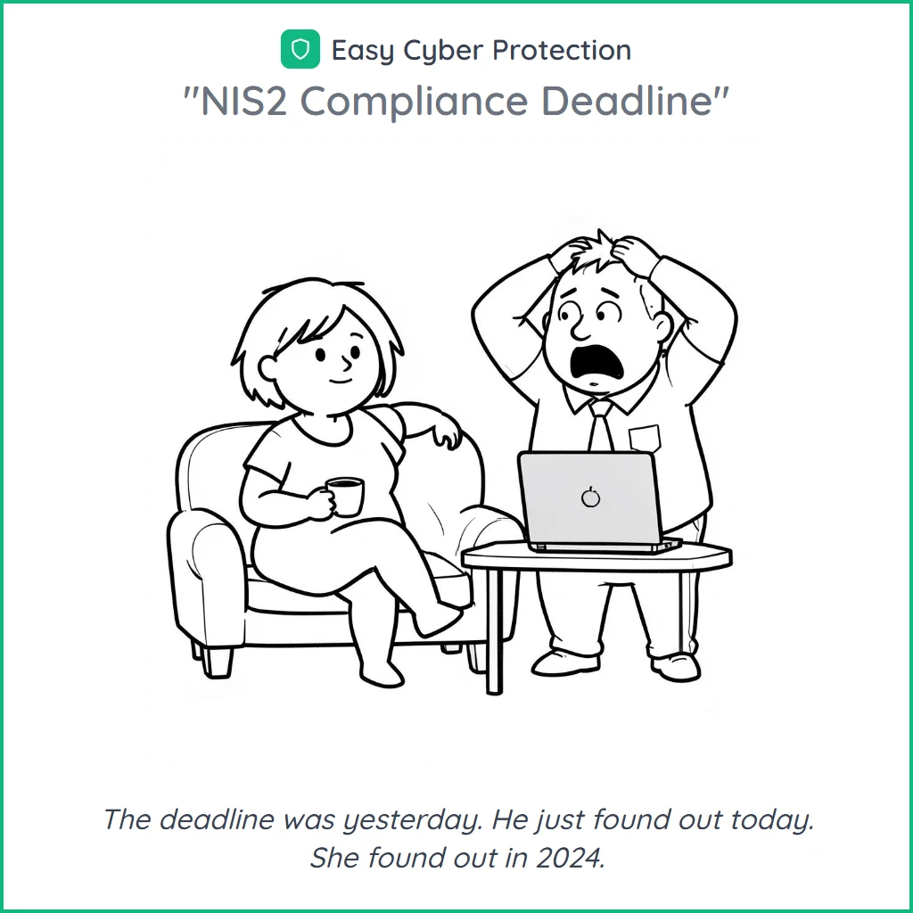 AI-generated cartoon: a chubby couple confronting the NIS2 compliance deadline