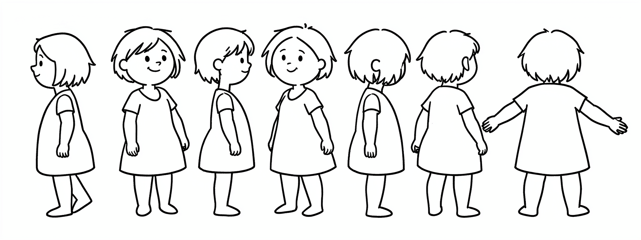 Wilma character sheet v5 — six rotation views and a front-facing pose