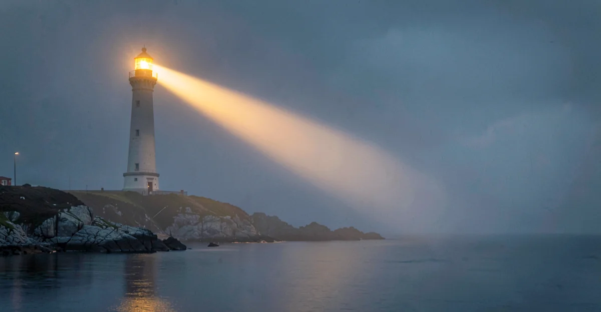 Faisceau de phare perçant le brouillard côtier - guidage à travers l'incertitude