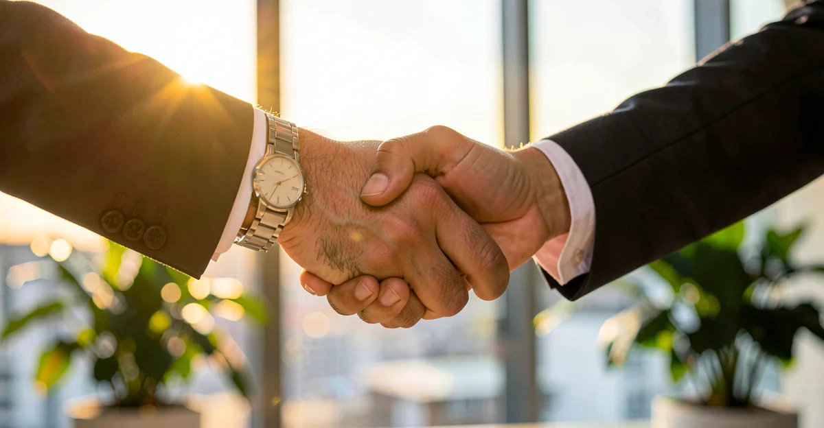 IT consultant and client shaking hands in modern office