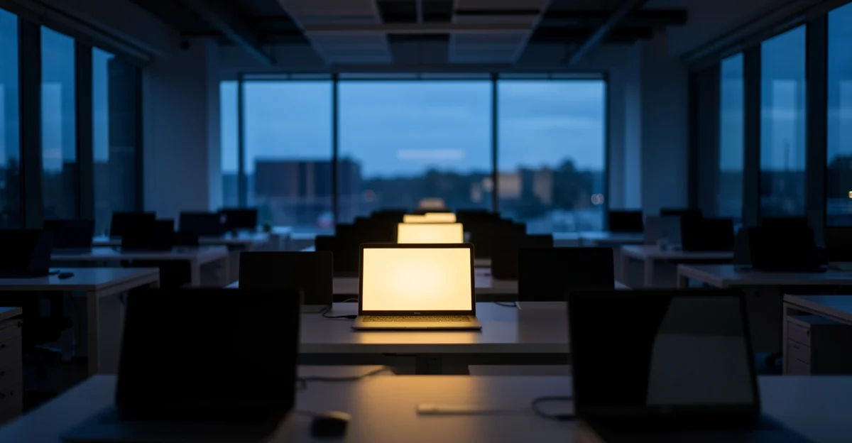 Bureau au crépuscule avec un seul ordinateur portable allumé parmi d'autres éteints, symbole des outils IA non approuvés au travail